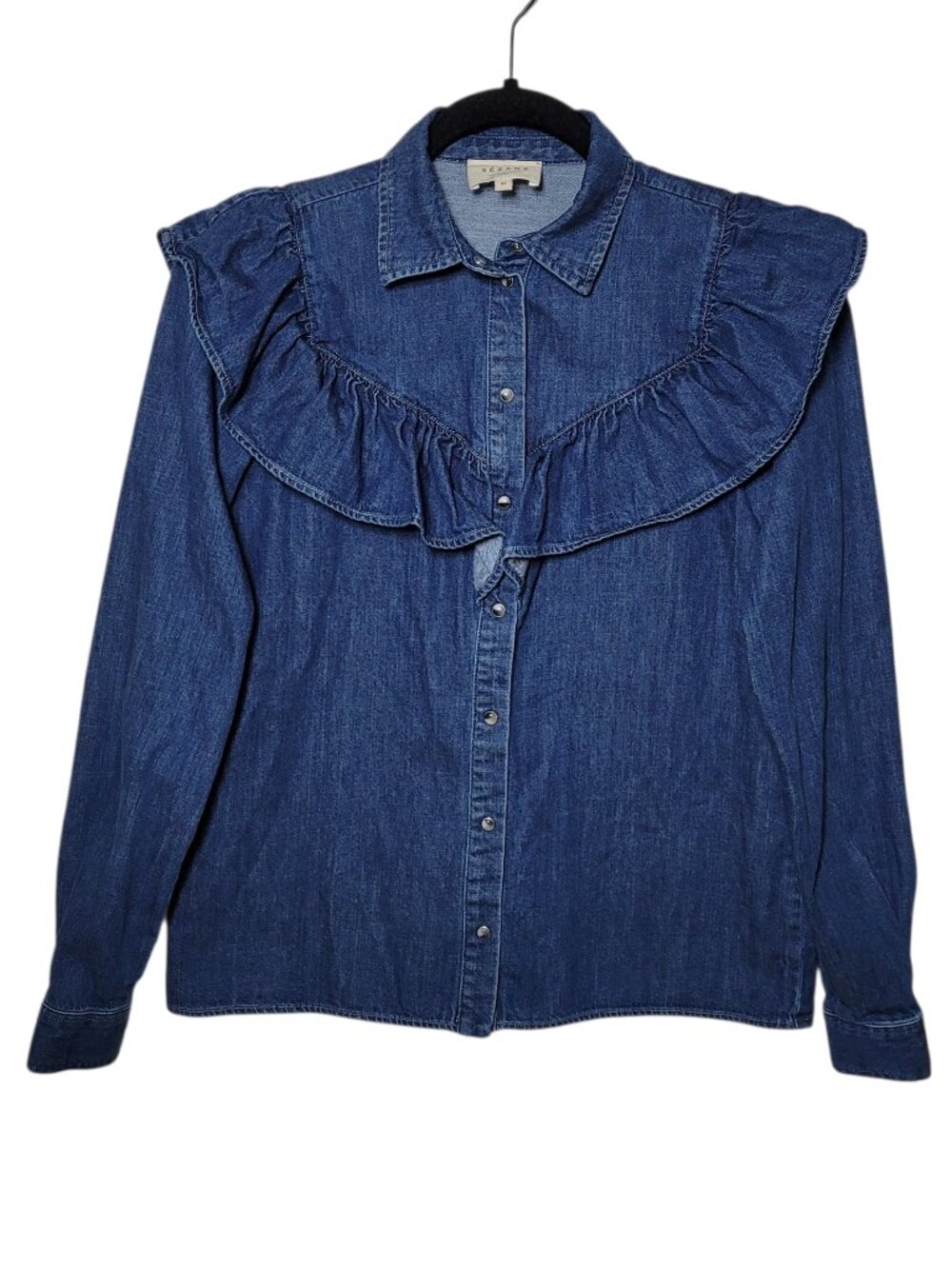 Sezane Denim Ruffle Blouse Top Long Sleeve Blue Romantic French Size 34 Western